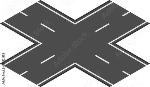 Crossroads forming an x shape with dark gray asphalt and white stripes representing intersection, road, path, choice, decision, direction, transportation, travel, infrastructure, and network