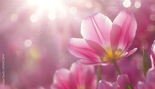 Soft Pink Tulip In Bloom Amidst A Field Of Flowers, Background With Bokeh And Warm Sunlight