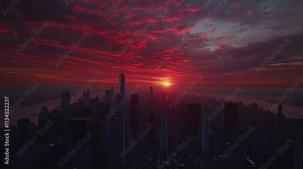 Fototapeta premium Silhouettes of the City Against a Dramatic Sunset