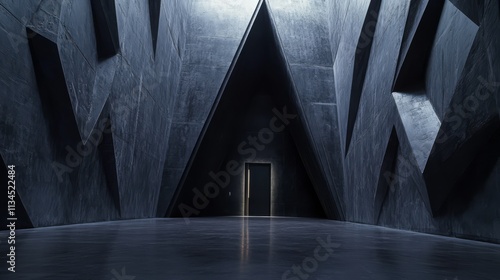 The Doorway to the Unknown: A mysterious and enigmatic corridor with a dark doorway, surrounded by geometric concrete walls, evokes a sense of intrigue, anticipation, and the unknown.   photo