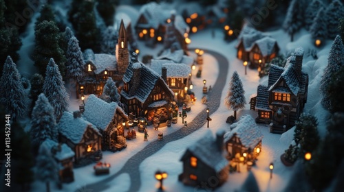 Enchanting snowy village miniature at night.