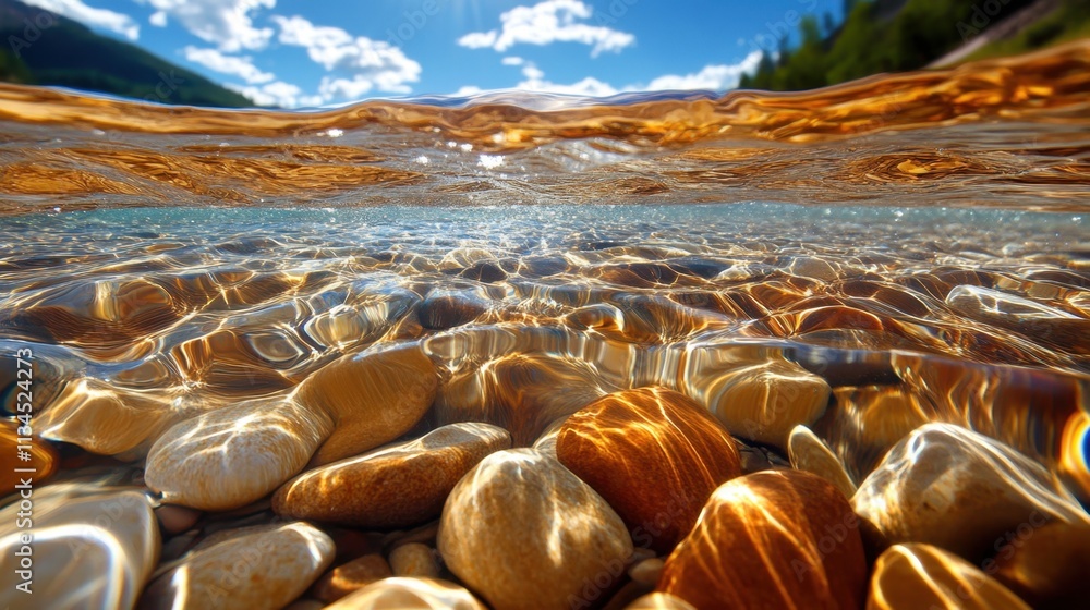 Fototapeta premium Underwater view of a crystal-clear lake with smooth, colorful pebbles illuminated by the sunlight filtering through the water, creating a mesmerizing interplay of light and shadow