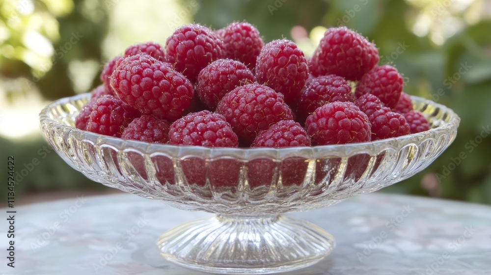 Fresh Raspberries in Glass Bowl with Garden Background Fresh Raspberries in Glass Bowl with Garden Background