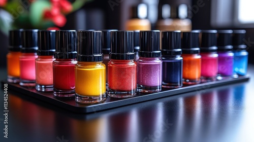 A vibrant display of nail polish bottles arranged on a tray, showcasing various colors.