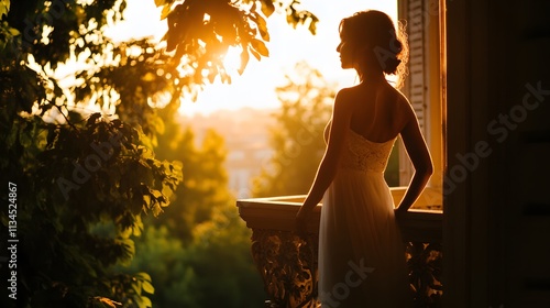 Wide shot of a woman standing on the edge of a balcony, bathed in soft sunlight, with a hopeful and rejuvenating mood