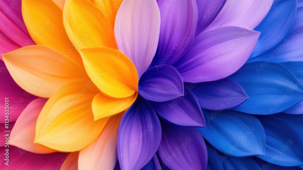 Fototapeta premium Vibrant and colorful arrangement of flowers, with petals in shades of pink, yellow, purple, and blue, creating a swirling, almost hypnotic pattern