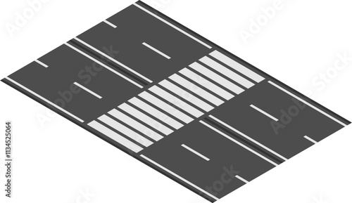 Isometric view showcasing a pedestrian crossing marked by white stripes on an asphalt road, creating a safe pathway for people navigating the urban streetscape