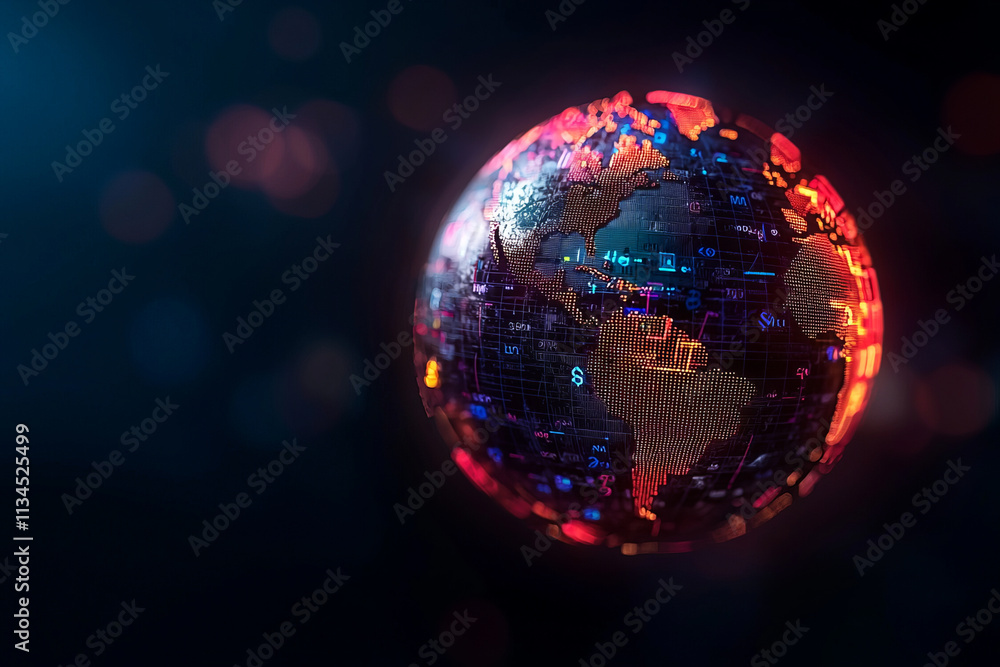 glowing digital globe with currency symbols and geometric patterns, representing global finance and technology innovation glowing digital globe with currency symbols and geometric patterns, representing global finance and technology innovation