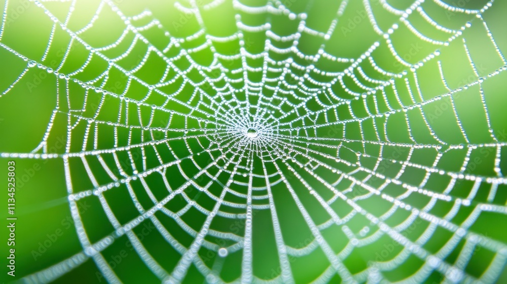 Naklejka premium Spider web covered in dew drops, hanging in front of a blurred green background