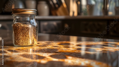 A closeup of a glass jar of spices under a soft glow of Edison bulbs, casting gentle warm reflections on the countertop photo