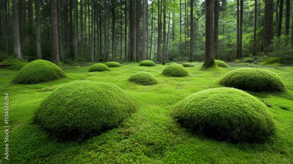 Naklejka premium Lush, green forest with moss-covered mounds dotting the ground, creating a serene and enchanting scene