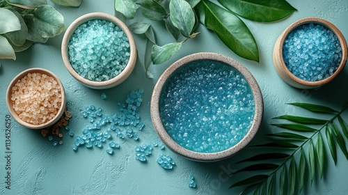 Colorful bath salts in bowls surrounded by greenery on a textured surface.
