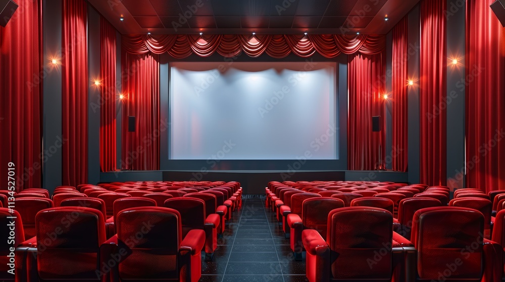 Fototapeta premium Empty red theater seats, screen and curtains.