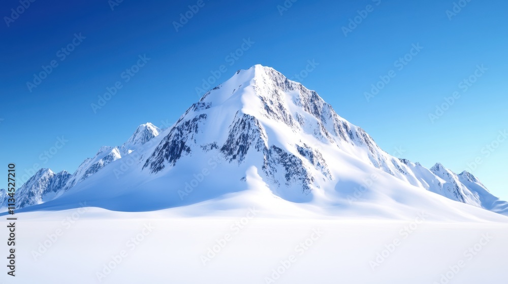 Majestic snow-capped mountain peak against a clear blue sky, with rolling snow-covered hills extending towards the horizon Majestic snow-capped mountain peak against a clear blue sky, with rolling snow-covered hills extending towards the horizon