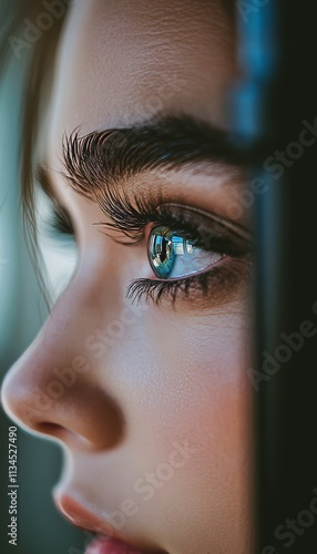 Young Woman with Expressive Blue Eyes, Close-up Portrait, Beauty, Fashion, and Vision Concept.