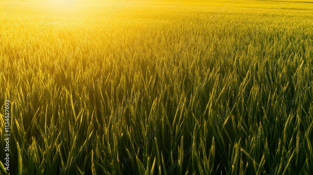 Vast field of lush green rice plants bathed in warm sunlight, stretching towards the horizon Vast field of lush green rice plants bathed in warm sunlight, stretching towards the horizon