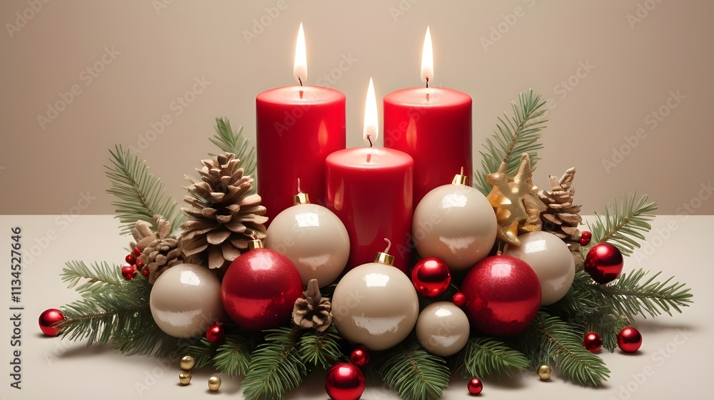 Burning candle in festive christmas arrangement Burning candle in festive christmas arrangement