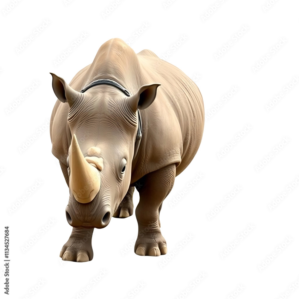A large white rhinoceros facing forward, with a dark collar around its neck. A large white rhinoceros facing forward, with a dark collar around its neck.