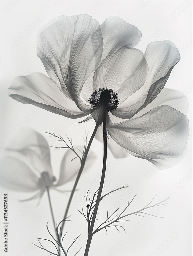 Obraz premium Elegant white anemone flower with delicate black petals and soft, transparent, graceful appearance