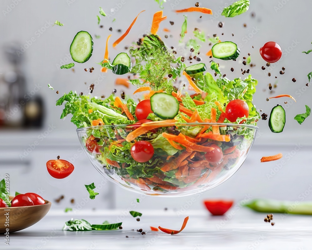 A vibrant and dynamic shot of a fresh salad tossed in mid-air with lettuce, cherry tomatoes, cucumbers, and carrots flying, captured against a bright kitchen background for natural appeal.
