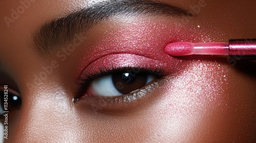 Close-up of a woman's eye with vibrant pink makeup being applied.