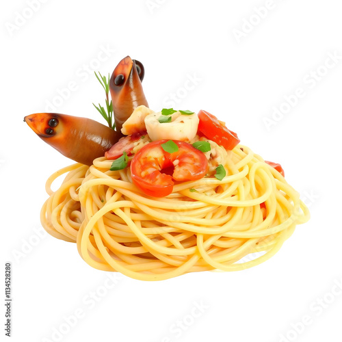 Delicious spaghetti with seafood and tomatoes. photo