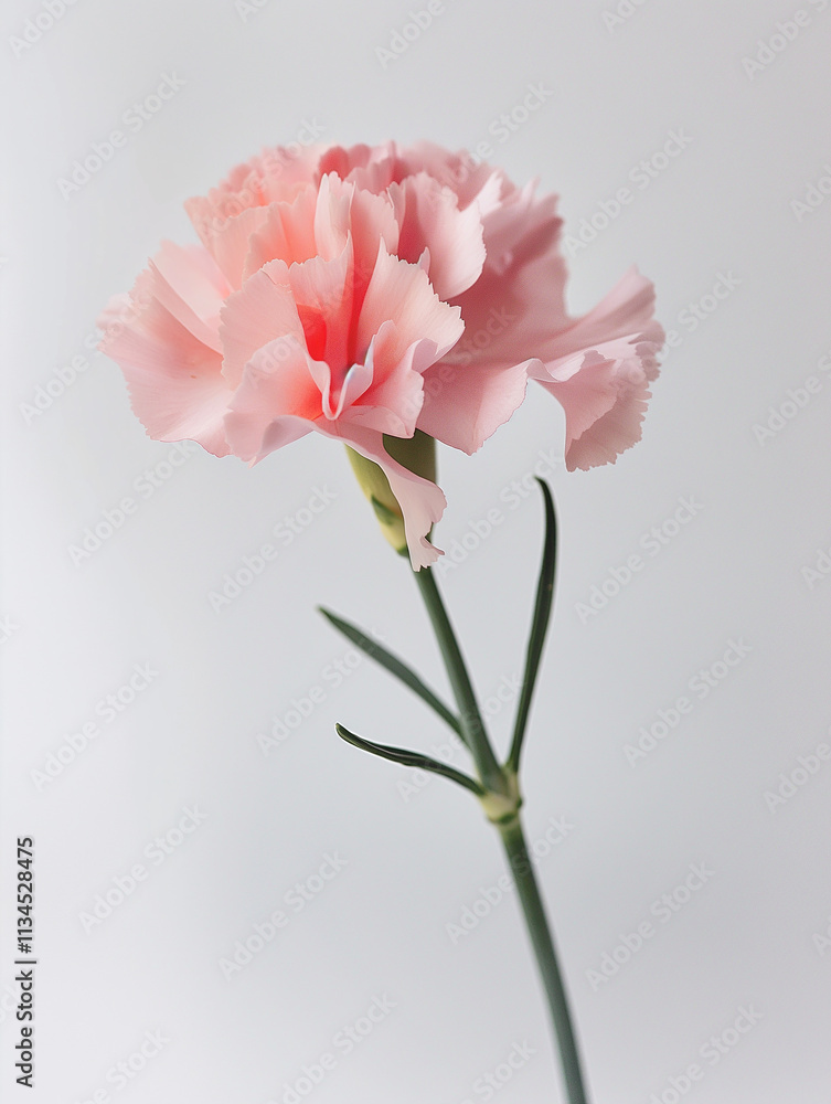 Delicate pink carnation flower with soft petals in a closeup bloom on green stem Delicate pink carnation flower with soft petals in a closeup bloom on green stem