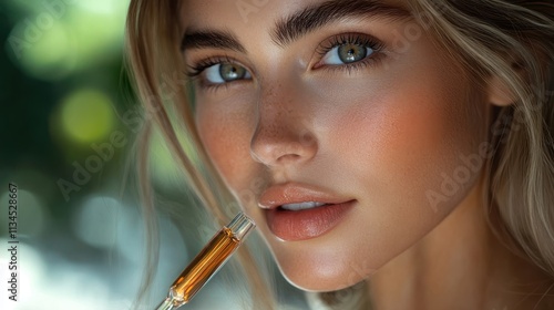 A close-up of a woman holding a serum dropper, highlighting beauty and skincare.