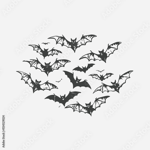 Silhouettes of flying bats traditional Halloween symbols on white background