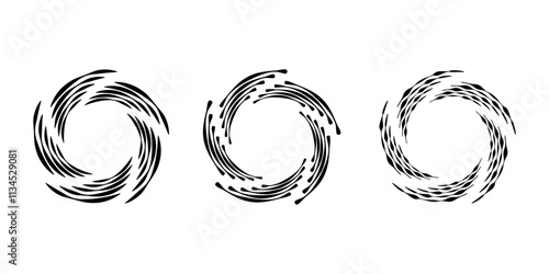Set of black striped vortex shapes. Circle form. Geometric art. Trendy design element for frame, logo, tattoo, sign, symbol, web, social media, prints, posters, template, pattern, abstract background