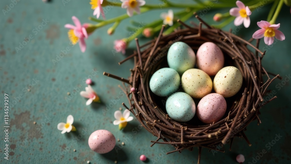 A nest of twigs with Easter eggs in pastel colors, spring flowers on a background of light stone, space for advertising, text, words A nest of twigs with Easter eggs in pastel colors, spring flowers on a background of light stone, space for advertising, text, words