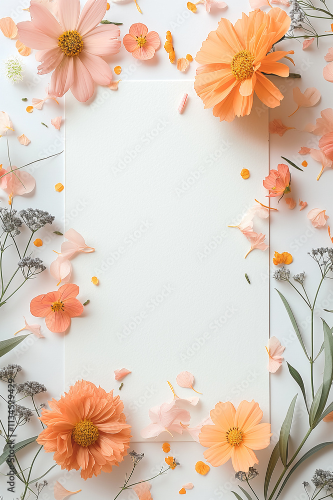 Floral frame with blooming flowers and petals arranged elegantly for a delicate spring decor Floral frame with blooming flowers and petals arranged elegantly for a delicate spring decor