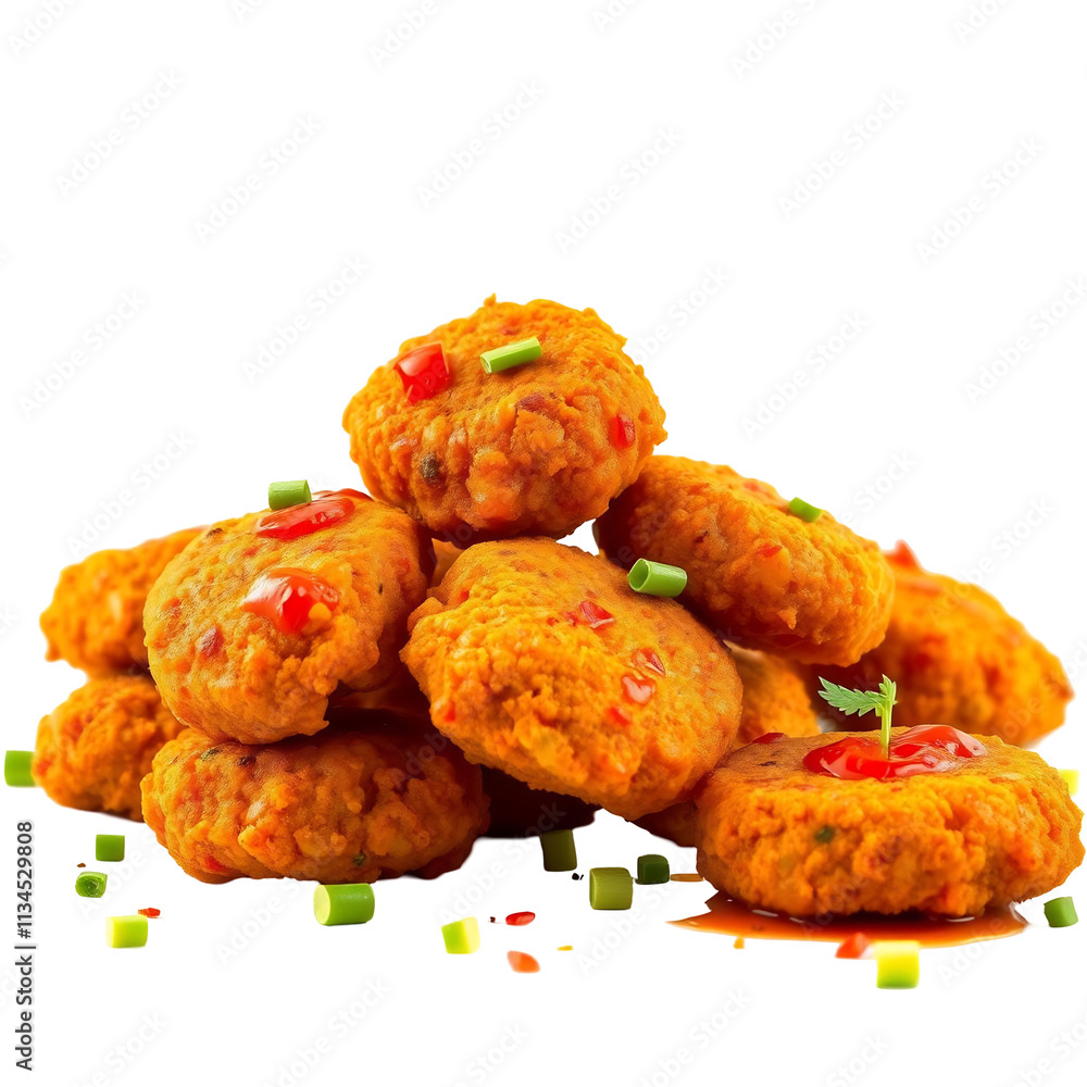 Spicy, golden-brown fritters stacked high, drizzled with sauce and garnished with green onions. Spicy, golden-brown fritters stacked high, drizzled with sauce and garnished with green onions.