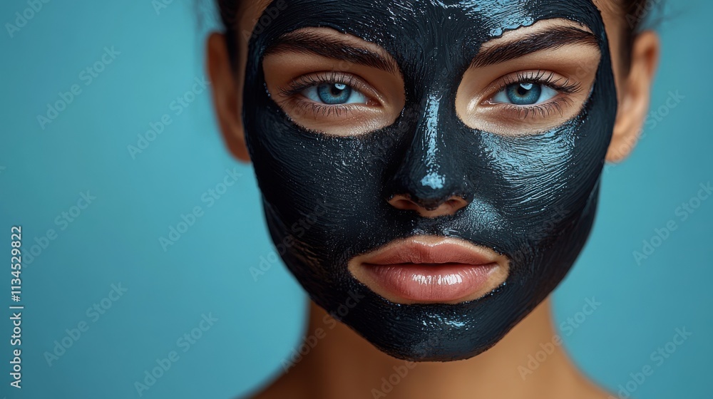A woman with a black facial mask on her face, showcasing skincare and beauty routine. A woman with a black facial mask on her face, showcasing skincare and beauty routine.
