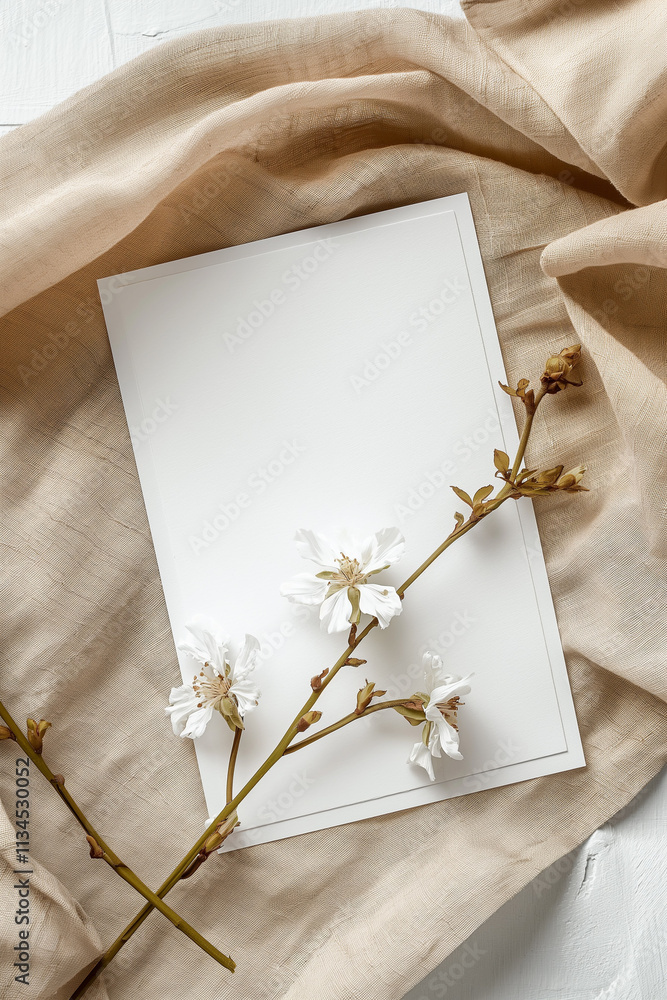 Delicate floral branch on blank canvas with white blossoms, a minimalist and natural backdrop Delicate floral branch on blank canvas with white blossoms, a minimalist and natural backdrop