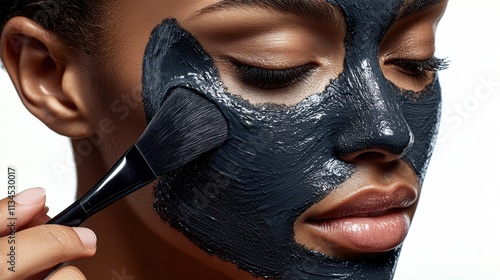 A close-up of a person applying a black facial mask with a brush.