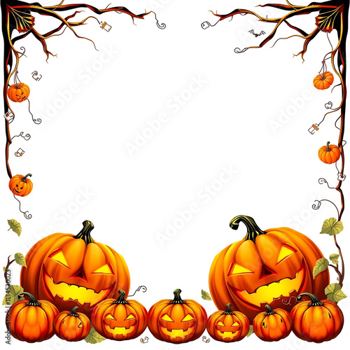 Halloween pumpkins frame with spooky carved faces and vines. photo