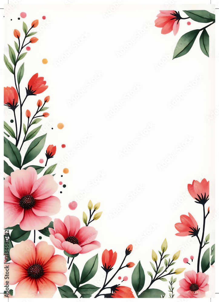 Obraz premium A beautiful floral border featuring pink and red flowers with green leaves, perfect for invitations or greeting cards.