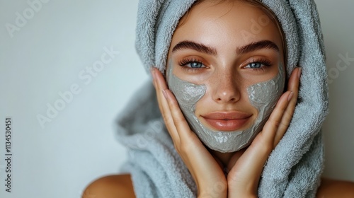 A woman applies a facial mask while wrapped in a towel, promoting self-care and relaxation.
