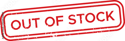 Rectangular red grunge rubber stamp displaying out of stock message, highlighting product unavailability and signaling inventory depletion, emphasizing the need for urgent restocking