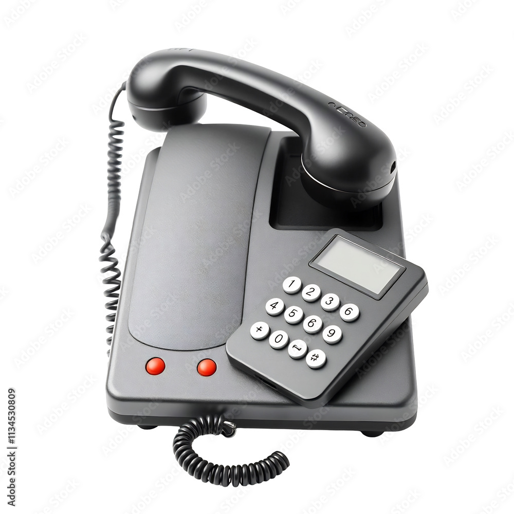 Gray corded phone with attached keypad. Gray corded phone with attached keypad.