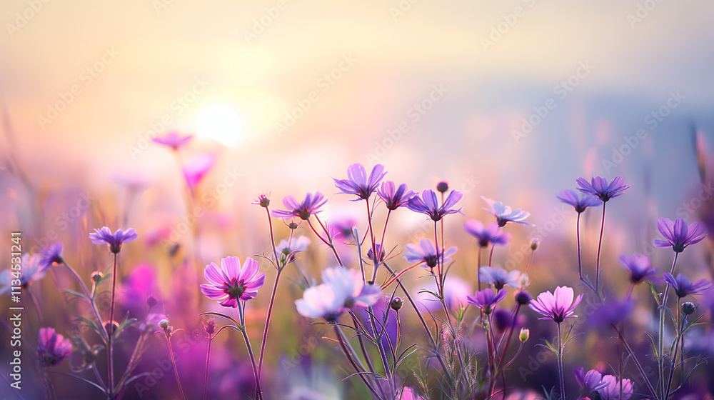 Fototapeta premium Wildflowers blooming in a garden meadow with vibrant flora during spring at sunset