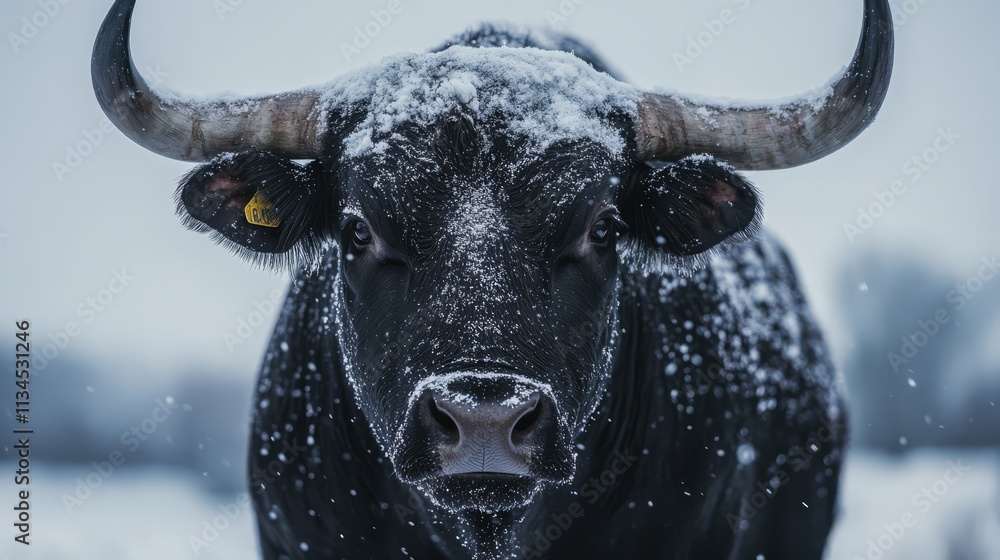 Black Bull in Snowstorm: A powerful black bull stands stoic in a snowstorm, its horns covered in snowflakes. Its eyes stare intensely into the camera, conveying a sense of strength and resilience. Black Bull in Snowstorm: A powerful black bull stands stoic in a snowstorm, its horns covered in snowflakes. Its eyes stare intensely into the camera, conveying a sense of strength and resilience.