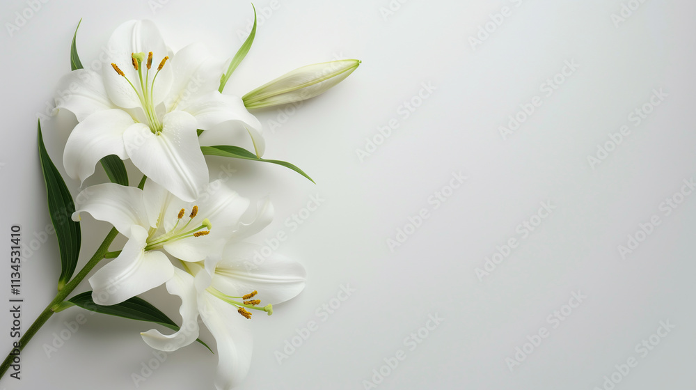 Fototapeta premium Elegant white lily flower with green leaves and delicate petals in organic bright nature scene
