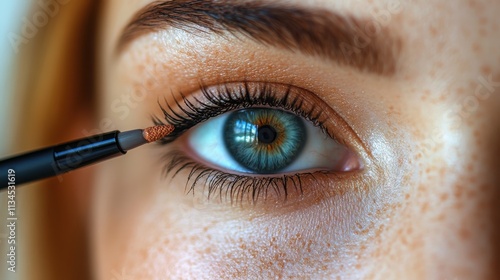 Close-up of a woman applying eyeliner, showcasing eye makeup techniques and beauty.