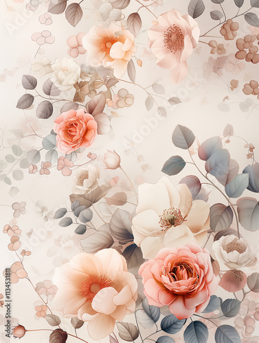 Vintage floral design with roses and petals in a pastel botanical garden