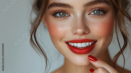 A close-up portrait of a smiling woman with vibrant makeup and a joyful expression.