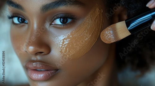 A close-up of a person applying a facial mask with a brush, highlighting skincare routine.