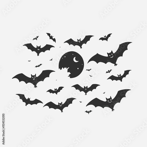 Halloween black bats flying silhouettes isolated on white background
