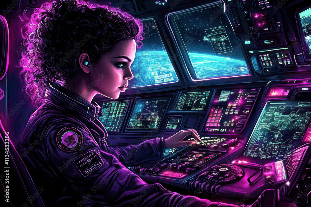 A high-tech command center featuring a girl focused on holographic screens and intricate systems (Generative AI Art) A high-tech command center featuring a girl focused on holographic screens and intricate systems (Generative AI Art)